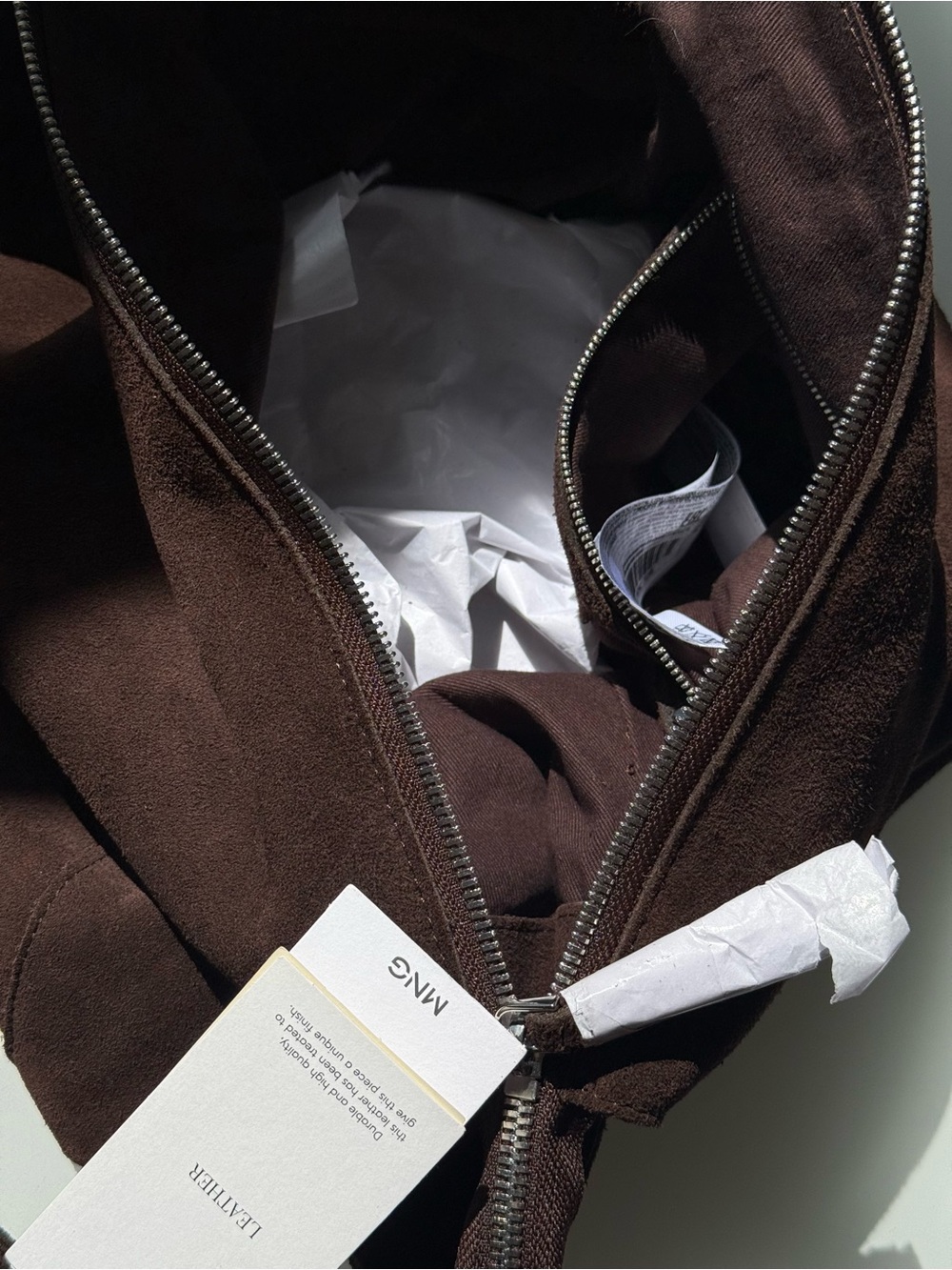 NWT MANGO 100% real Suède leather Chocolate Shoulder Bag Zip Brown orig. $169 - Picture 7 of 8